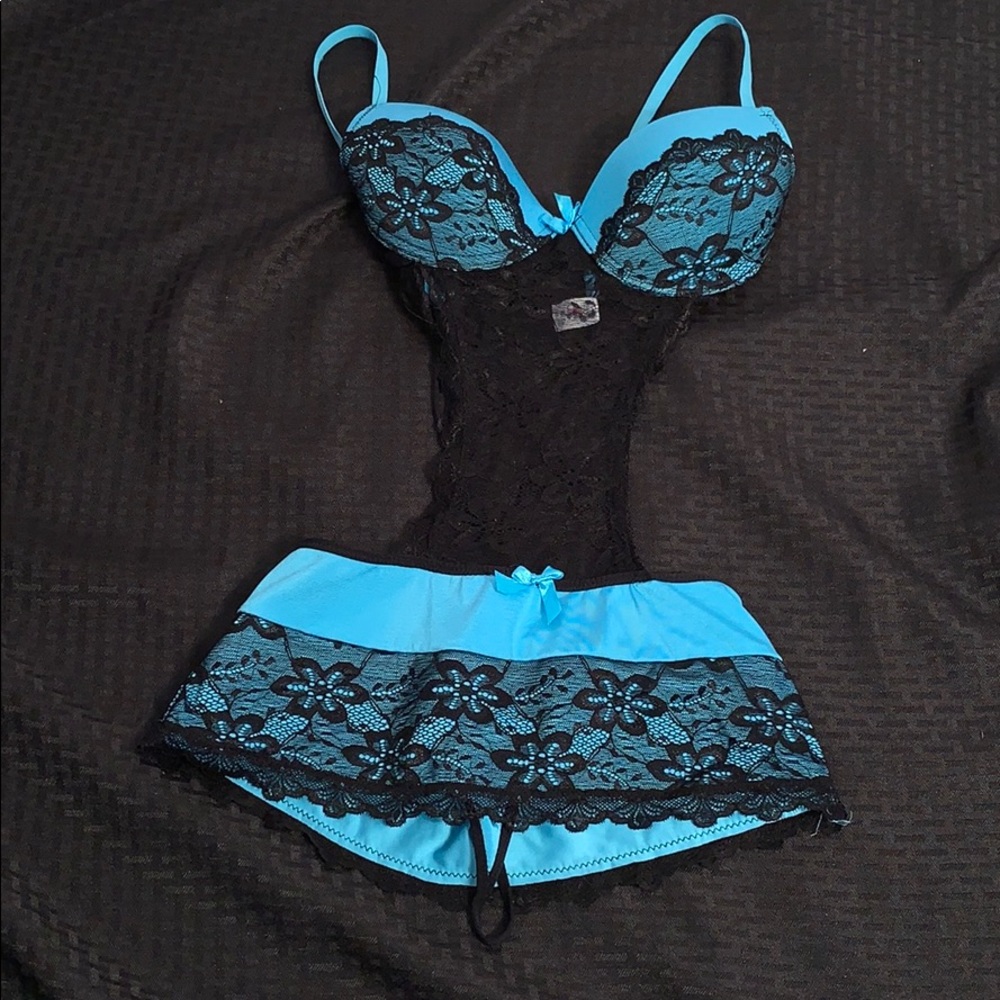 Sexy One Piece turquoise & Black Lace Lingerie M